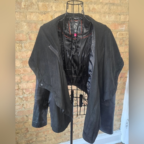 ♣️ Vince Camuto Black Leather Jacket with Shawl - New Zealand Lamb Leather - Picture 5 of 12